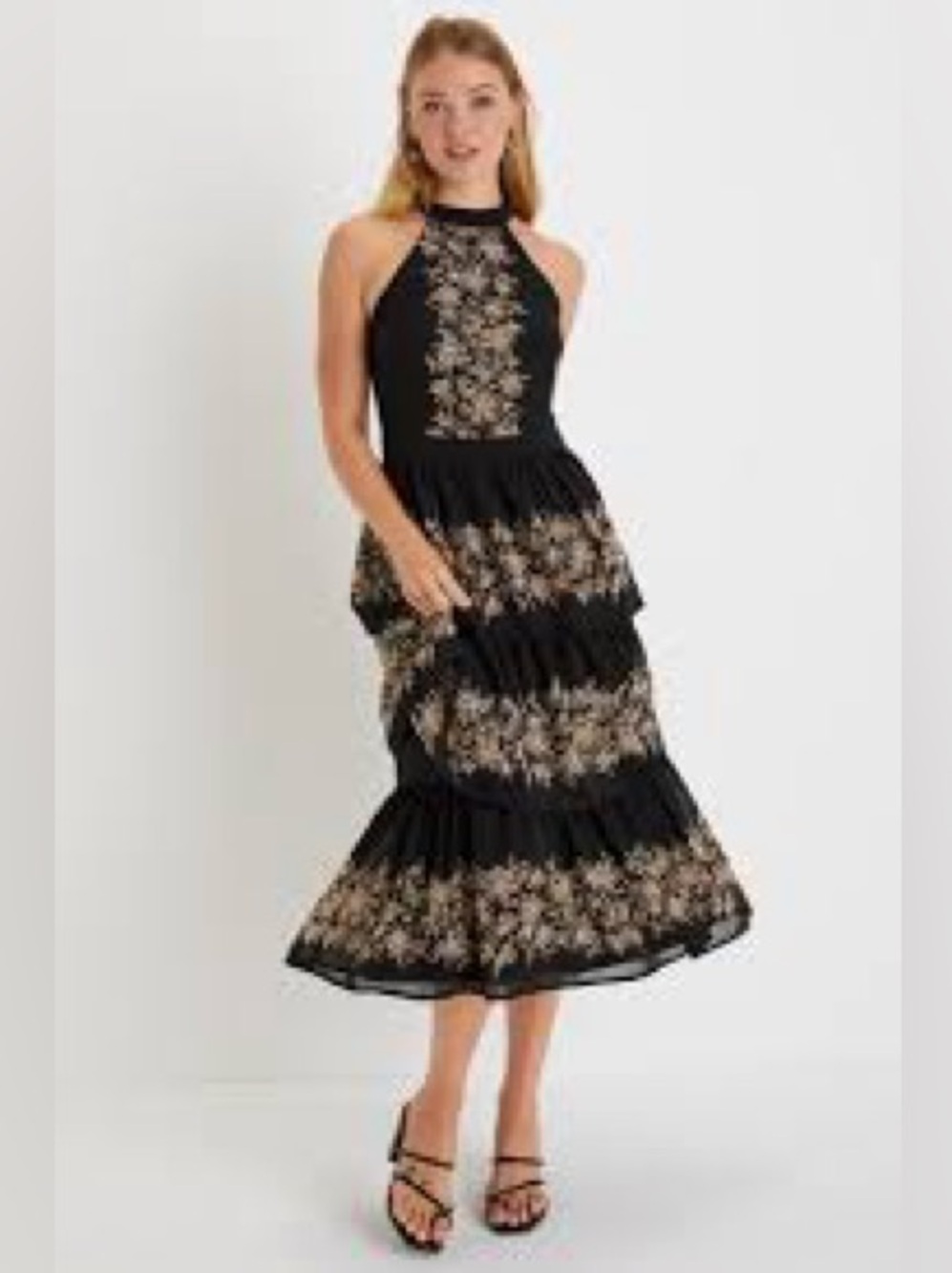 Lulus Iconic Elegance Black Tiered Halter Midi Dress Size Small